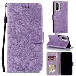 Intricate Embossing Lace Jasmine Flower Leather Wallet Case for Xiaomi Redmi K40 / K40 Pro - Purple