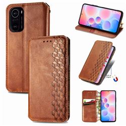Ultra Slim Fashion Business Card Magnetic Automatic Suction Leather Flip Cover for Xiaomi Redmi K40 / K40 Pro - Brown