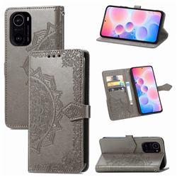Embossing Imprint Mandala Flower Leather Wallet Case for Xiaomi Redmi K40 / K40 Pro - Gray