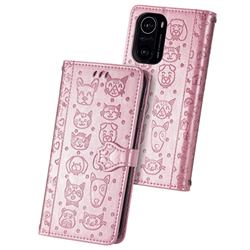 Embossing Dog Paw Kitten and Puppy Leather Wallet Case for Xiaomi Redmi K40 / K40 Pro - Rose Gold