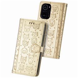Embossing Dog Paw Kitten and Puppy Leather Wallet Case for Xiaomi Redmi K40 / K40 Pro - Champagne Gold