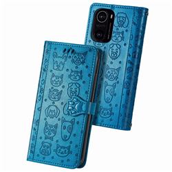 Embossing Dog Paw Kitten and Puppy Leather Wallet Case for Xiaomi Redmi K40 / K40 Pro - Blue