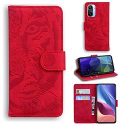 Intricate Embossing Tiger Face Leather Wallet Case for Xiaomi Redmi K40 / K40 Pro - Red