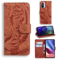 Intricate Embossing Tiger Face Leather Wallet Case for Xiaomi Redmi K40 / K40 Pro - Brown
