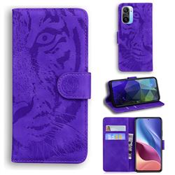 Intricate Embossing Tiger Face Leather Wallet Case for Xiaomi Redmi K40 / K40 Pro - Purple