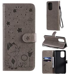 Embossing Bee and Cat Leather Wallet Case for Xiaomi Redmi K40 / K40 Pro - Gray