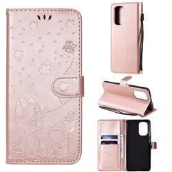 Embossing Bee and Cat Leather Wallet Case for Xiaomi Redmi K40 / K40 Pro - Rose Gold