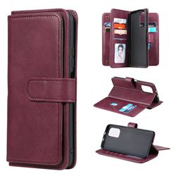 Multi-function Ten Card Slots and Photo Frame PU Leather Wallet Phone Case Cover for Xiaomi Redmi K40 / K40 Pro - Claret
