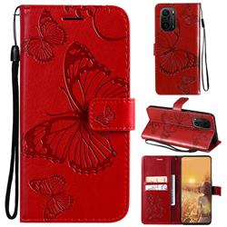 Embossing 3D Butterfly Leather Wallet Case for Xiaomi Redmi K40 / K40 Pro - Red