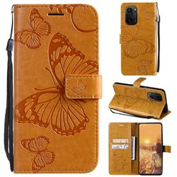 Embossing 3D Butterfly Leather Wallet Case for Xiaomi Redmi K40 / K40 Pro - Yellow