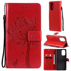 Embossing Butterfly Tree Leather Wallet Case for Xiaomi Redmi K40 / K40 Pro - Red