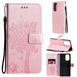 Embossing Butterfly Tree Leather Wallet Case for Xiaomi Redmi K40 / K40 Pro - Rose Pink