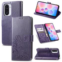 Embossing Imprint Four-Leaf Clover Leather Wallet Case for Xiaomi Redmi K40 / K40 Pro - Purple