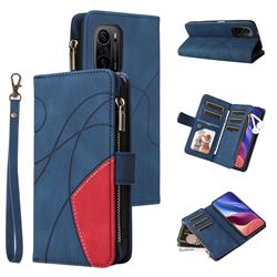Luxury Two-color Stitching Multi-function Zipper Leather Wallet Case Cover for Xiaomi Redmi K40 / K40 Pro - Blue