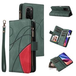 Luxury Two-color Stitching Multi-function Zipper Leather Wallet Case Cover for Xiaomi Redmi K40 / K40 Pro - Green