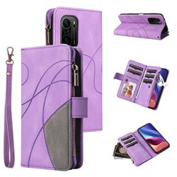 Luxury Two-color Stitching Multi-function Zipper Leather Wallet Case Cover for Xiaomi Redmi K40 / K40 Pro - Purple