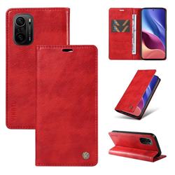 YIKATU Litchi Card Magnetic Automatic Suction Leather Flip Cover for Xiaomi Redmi K40 / K40 Pro - Bright Red