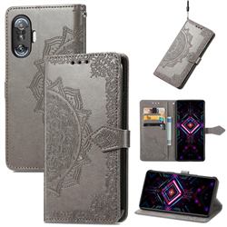 Embossing Imprint Mandala Flower Leather Wallet Case for Xiaomi Redmi K40 Gaming - Gray