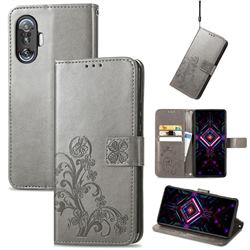 Embossing Imprint Four-Leaf Clover Leather Wallet Case for Xiaomi Redmi K40 Gaming - Grey