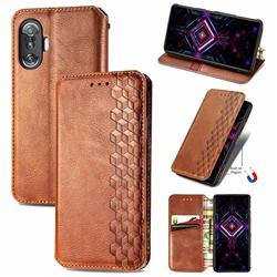 Ultra Slim Fashion Business Card Magnetic Automatic Suction Leather Flip Cover for Xiaomi Redmi K40 Gaming - Brown
