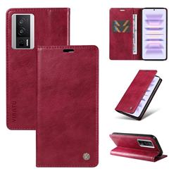 YIKATU Litchi Card Magnetic Automatic Suction Leather Flip Cover for Xiaomi Redmi K60 - Wine Red