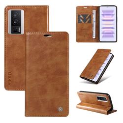 YIKATU Litchi Card Magnetic Automatic Suction Leather Flip Cover for Xiaomi Redmi K60 - Brown