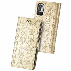Embossing Dog Paw Kitten and Puppy Leather Wallet Case for Xiaomi Redmi Note 10 5G - Champagne Gold