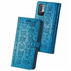 Embossing Dog Paw Kitten and Puppy Leather Wallet Case for Xiaomi Redmi Note 10 5G - Blue