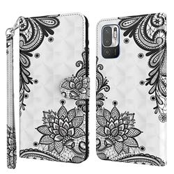 Black Lace Flower 3D Painted Leather Wallet Case for Xiaomi Redmi Note 10 5G