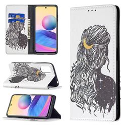 Girl with Long Hair Slim Magnetic Attraction Wallet Flip Cover for Xiaomi Redmi Note 10 5G