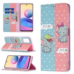 Elephant Boy and Girl Slim Magnetic Attraction Wallet Flip Cover for Xiaomi Redmi Note 10 5G