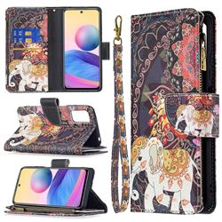 Totem Flower Elephant Binfen Color BF03 Retro Zipper Leather Wallet Phone Case for Xiaomi Redmi Note 10 5G
