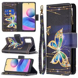 Golden Shining Butterfly Binfen Color BF03 Retro Zipper Leather Wallet Phone Case for Xiaomi Redmi Note 10 5G