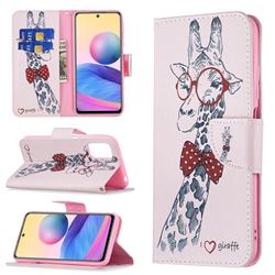 Glasses Giraffe Leather Wallet Case for Xiaomi Redmi Note 10 5G