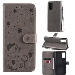 Embossing Bee and Cat Leather Wallet Case for Xiaomi Redmi Note 10 5G - Gray