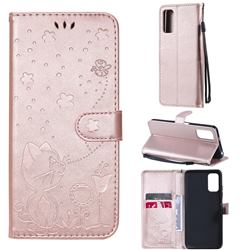 Embossing Bee and Cat Leather Wallet Case for Xiaomi Redmi Note 10 5G - Rose Gold