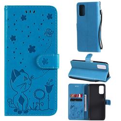 Embossing Bee and Cat Leather Wallet Case for Xiaomi Redmi Note 10 5G - Blue