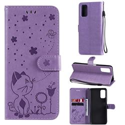 Embossing Bee and Cat Leather Wallet Case for Xiaomi Redmi Note 10 5G - Purple