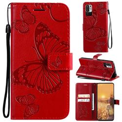 Embossing 3D Butterfly Leather Wallet Case for Xiaomi Redmi Note 10 5G - Red