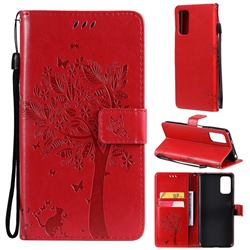 Embossing Butterfly Tree Leather Wallet Case for Xiaomi Redmi Note 10 5G - Red