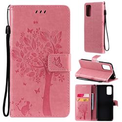 Embossing Butterfly Tree Leather Wallet Case for Xiaomi Redmi Note 10 5G - Pink