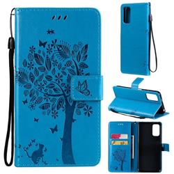 Embossing Butterfly Tree Leather Wallet Case for Xiaomi Redmi Note 10 5G - Blue