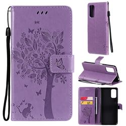 Embossing Butterfly Tree Leather Wallet Case for Xiaomi Redmi Note 10 5G - Violet