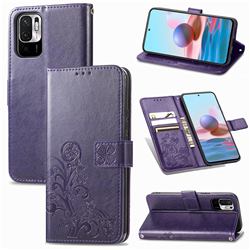 Embossing Imprint Four-Leaf Clover Leather Wallet Case for Xiaomi Redmi Note 10 5G - Purple