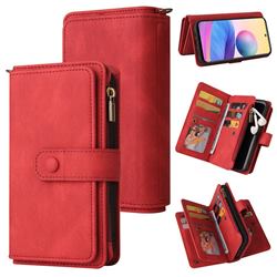 Luxury Multi-functional Zipper Wallet Leather Phone Case Cover for Xiaomi Redmi Note 10 5G - Red