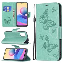 Embossing Double Butterfly Leather Wallet Case for Xiaomi Redmi Note 10 5G - Green