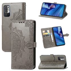 Embossing Imprint Mandala Flower Leather Wallet Case for Xiaomi Redmi Note 10 JE - Gray