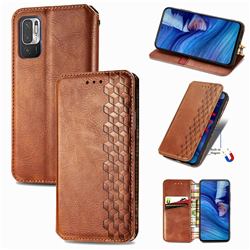 Ultra Slim Fashion Business Card Magnetic Automatic Suction Leather Flip Cover for Xiaomi Redmi Note 10 JE - Brown