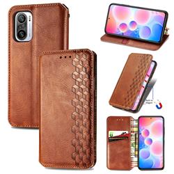 Ultra Slim Fashion Business Card Magnetic Automatic Suction Leather Flip Cover for Xiaomi Redmi Note 10 Pro / Note 10 Pro Max - Brown