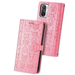 Embossing Dog Paw Kitten and Puppy Leather Wallet Case for Xiaomi Redmi Note 10 Pro / Note 10 Pro Max - Pink